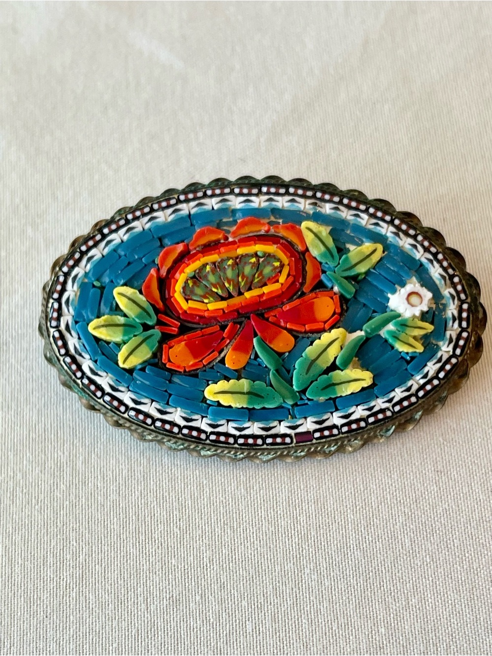Antique Italian Micromosaic Floral Brooch Pin Hand-Set Glass Tesserae